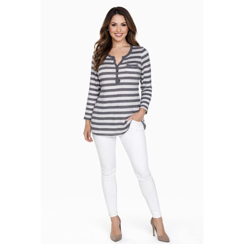 Anne Klein Top Shirt Striped Sweater White Gray Long Sleeve Womens WOMAN'S SMALL